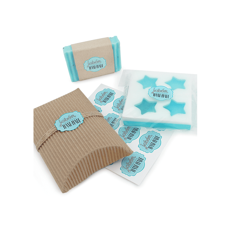 En Gran Velada puedes comprar pegatinas para packaging de jabones, como este modelo hand made. Amplio catálogo de pegatinas. Env