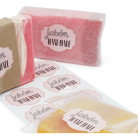 En Gran Velada puedes comprar pegatinas para packaging de jabones, como este modelo hand made. Amplio catálogo de pegatinas. Env