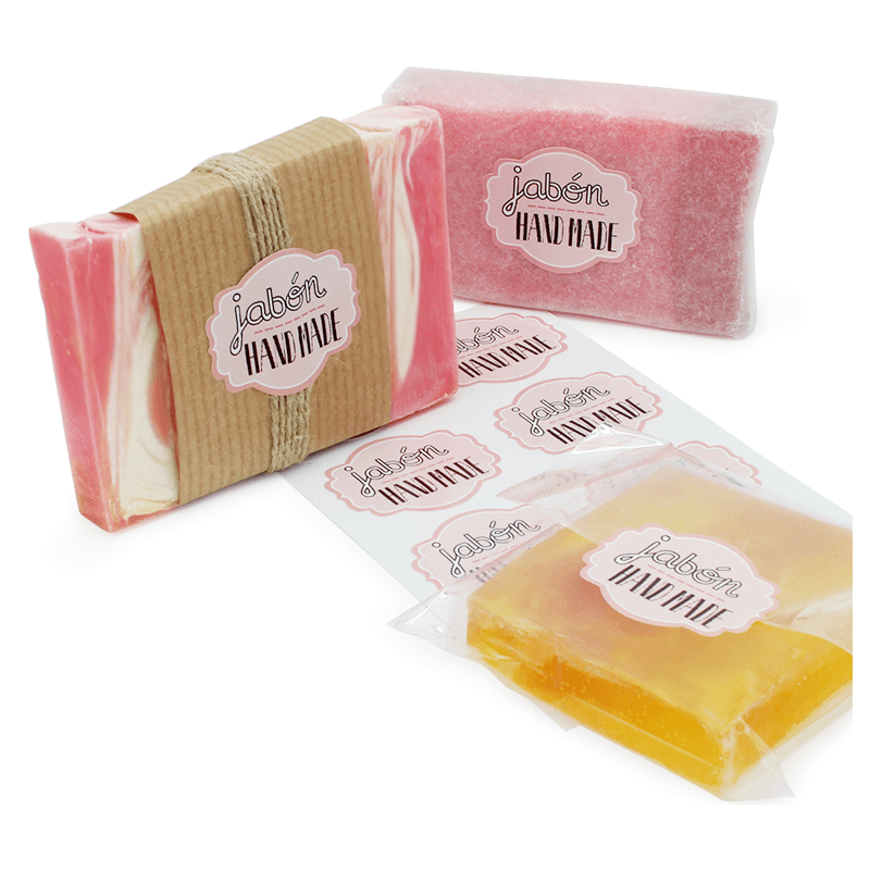 En Gran Velada puedes comprar pegatinas para packaging de jabones, como este modelo hand made. Amplio catálogo de pegatinas. Env