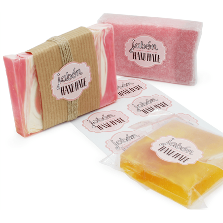 En Gran Velada puedes comprar pegatinas para packaging de jabones, como este modelo hand made. Amplio catálogo de pegatinas. Env