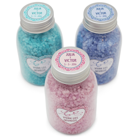 Se original y regala sales aromaticas personalizadas como detalle de boda. Un practico regalo a buen precio. Colores a elegir. E