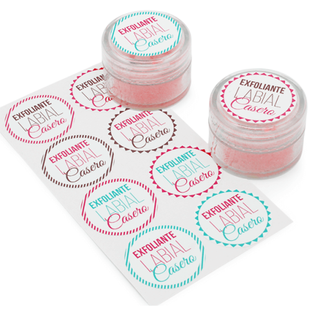 En Gran Velada puedes comprar pegatinas para el packaging de cosméticos, como estas exfoliante labial. Amplio catálogo de pegati
