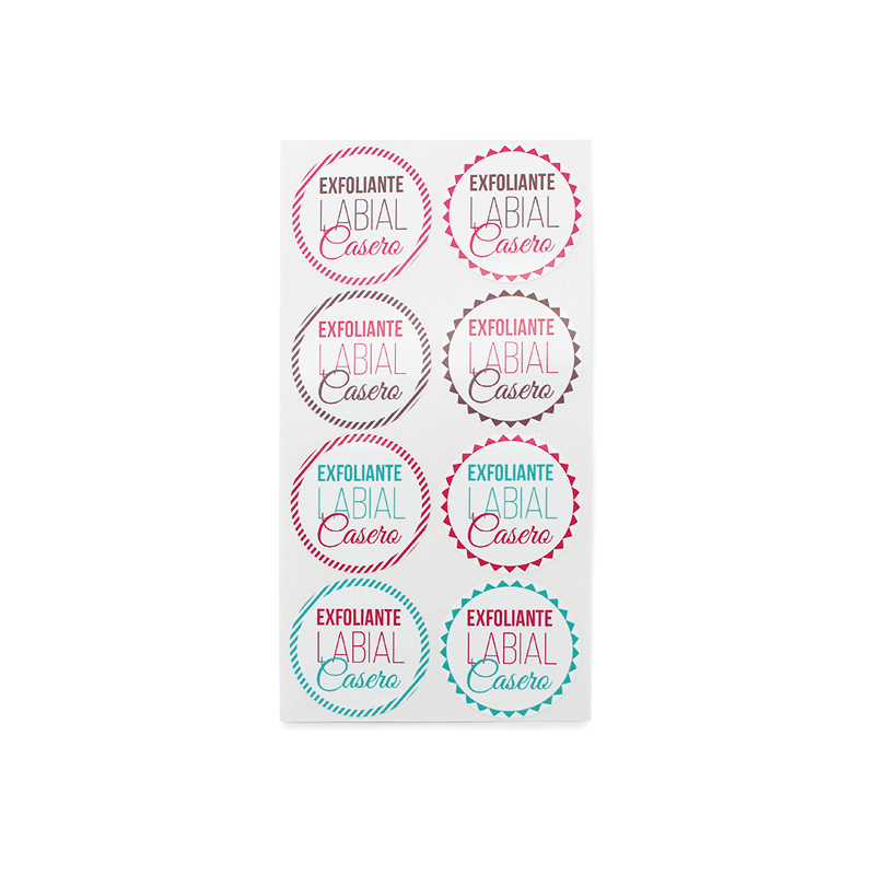 En Gran Velada puedes comprar pegatinas para el packaging de cosméticos, como estas exfoliante labial. Amplio catálogo de pegati