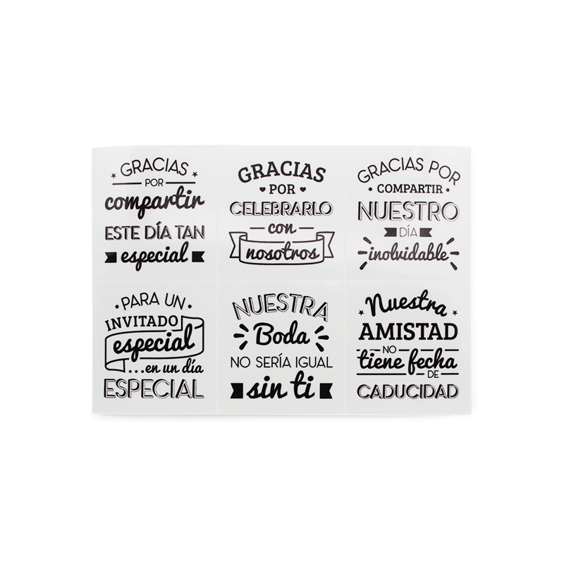 En Gran Velada puedes comprar pegatinas para decorar detalles de boda, como este mix con frases cariñosas. Amplio catalogo de pe