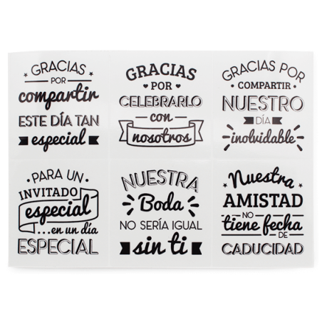 En Gran Velada puedes comprar pegatinas para decorar detalles de boda, como este mix con frases cariñosas. Amplio catalogo de pe