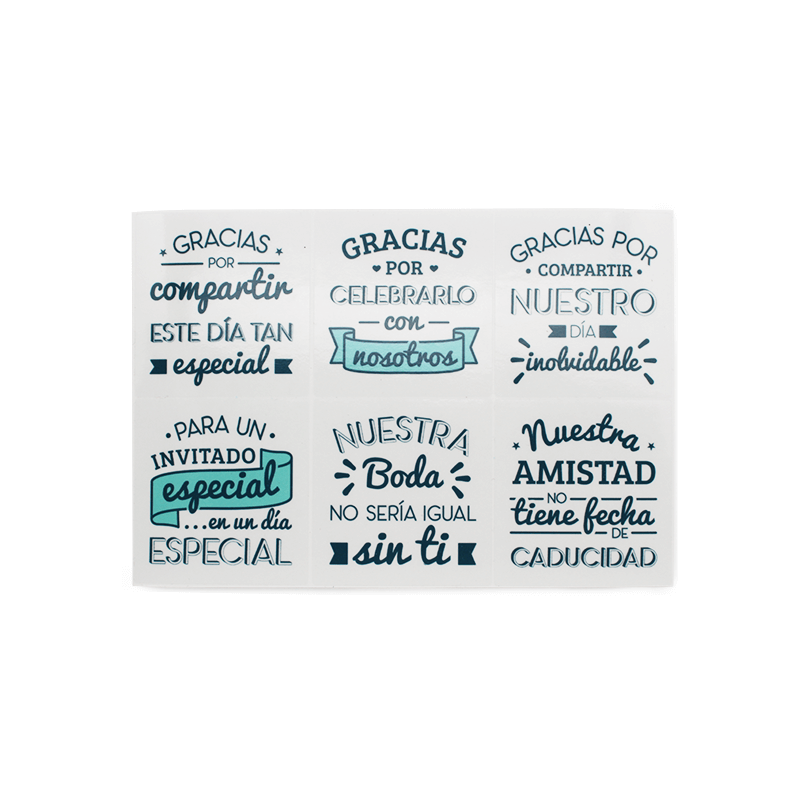 En Gran Velada puedes comprar pegatinas para decorar detalles de boda, como este mix con frases cariñosas. Amplio catalogo de pe