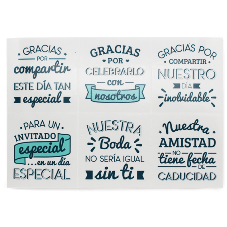 En Gran Velada puedes comprar pegatinas para decorar detalles de boda, como este mix con frases cariñosas. Amplio catalogo de pe