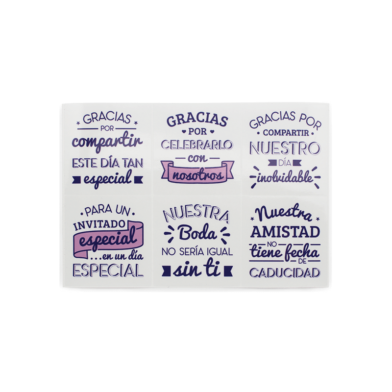 En Gran Velada puedes comprar pegatinas para decorar detalles de boda, como este mix con frases cariñosas. Amplio catalogo de pe