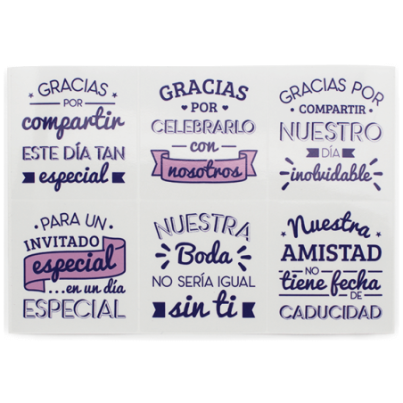 En Gran Velada puedes comprar pegatinas para decorar detalles de boda, como este mix con frases cariñosas. Amplio catalogo de pe