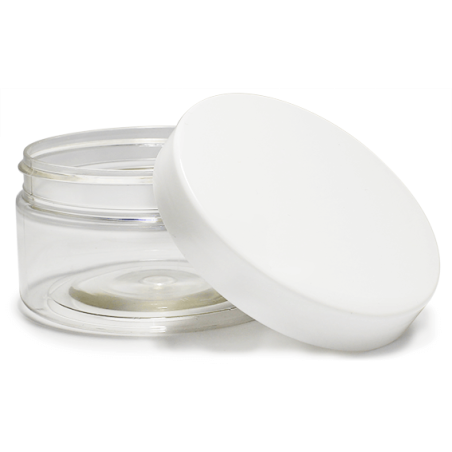 Venta al por mayor de tarros para cremas con descuentos por cantidad. Son transparentes, de 100 ml y tapa blanca. Amplio catalog