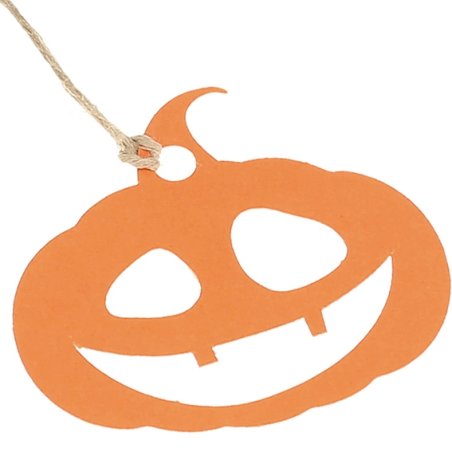 En Gran Velada puedes comprar etiquetas de cartón, como este modelo con la silueta de una calabaza. Son ideales para detalles y 
