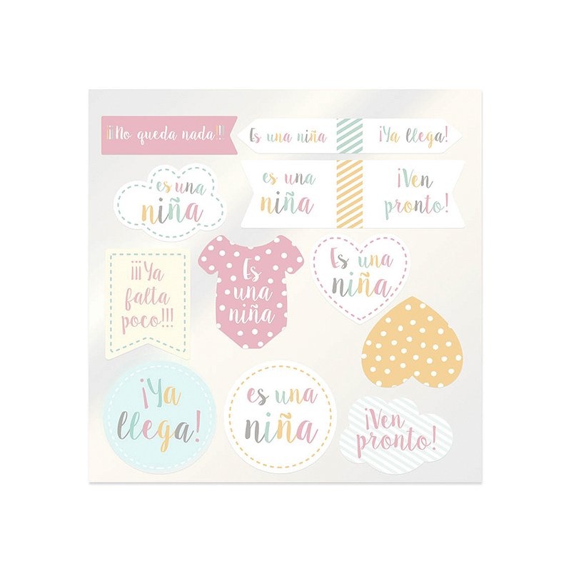 En Gran Velada puedes comprar pegatinas para baby shower como este modelo que combina diferentes diseños de niña. Servicio de pe