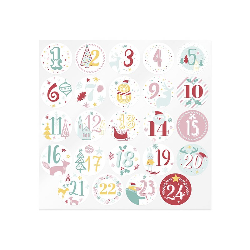 En Gran Velada puedes comprar pegatinas para calendario de adviento, como estas rojas, verdes y amarillas. Amplio catálogo de pe