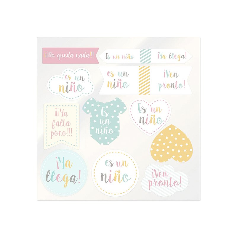 En Gran Velada puedes comprar pegatinas para baby shower como este modelo que combina diferentes diseños de niño. Servicio de pe