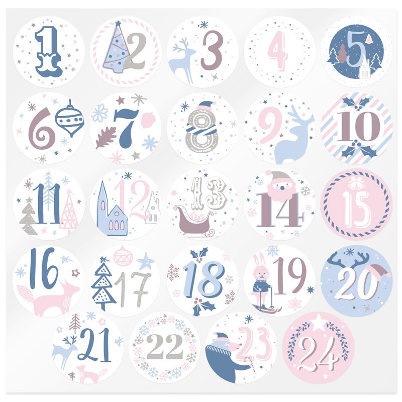 Pegatinas para calendario de adviento en tonos azules y rosas. Amplio catálogo de pegatinas disponibles. ¡Compra con envíos rápi