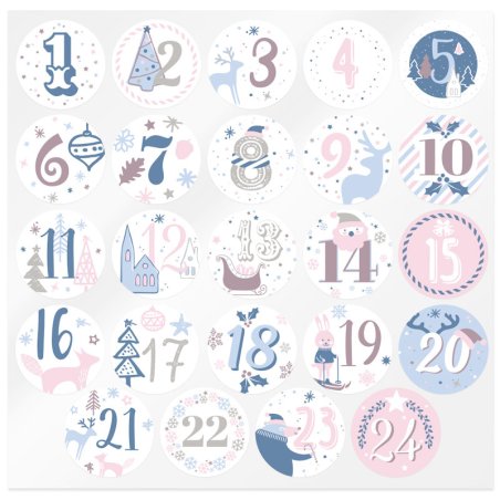 Pegatinas para calendario de adviento en tonos azules y rosas. Amplio catálogo de pegatinas disponibles. ¡Compra con envíos rápi