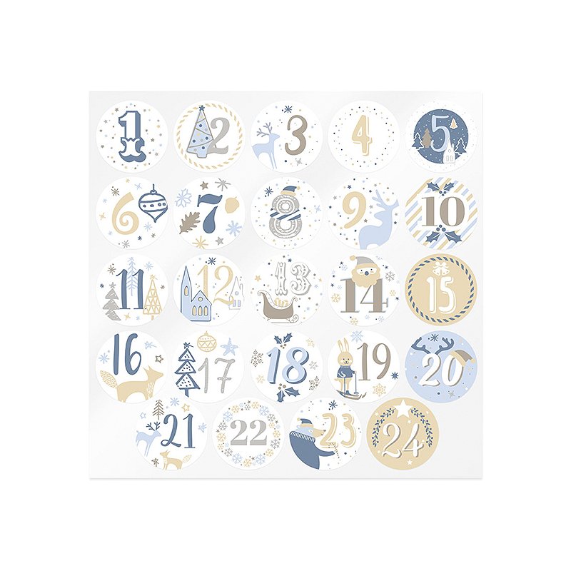 En Gran Velada puedes comprar pegatinas para calendario de adviento, como estas en tonos azules y dorados. Amplio catálogo de pe