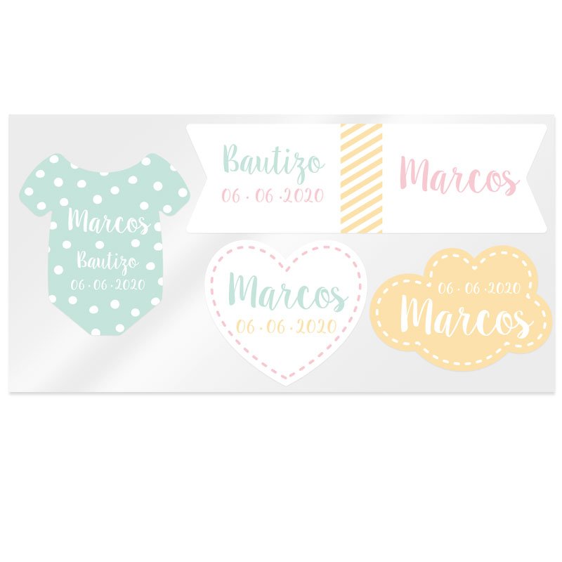 En Gran Velada puedes comprar pegatinas personalizadas para eventos, como este mix de pegatinas niño para bautizo. Amplio catálo
