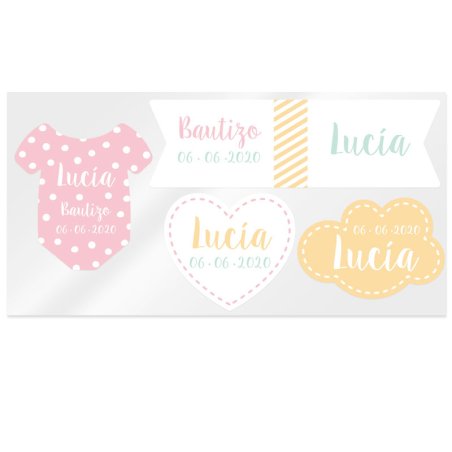 En Gran Velada puedes comprar pegatinas personalizadas para eventos, como este mix de pegatinas de chica para bautizo. Amplio ca