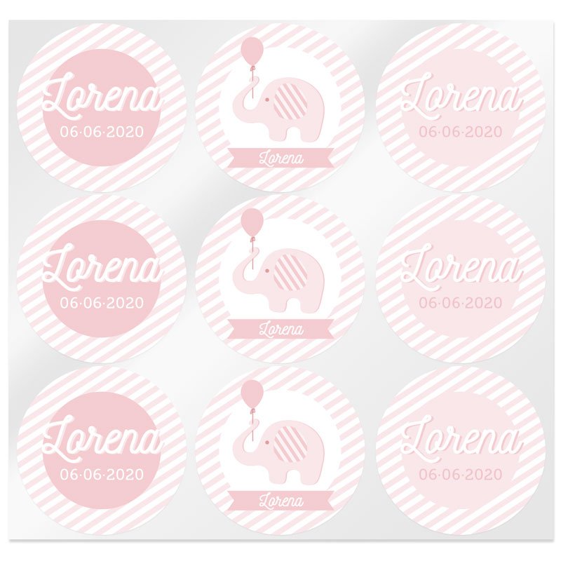 En Gran Velada puedes comprar pegatinas personalizadas para eventos, como estas rosas con elefantes para bautizo. Amplio catálog