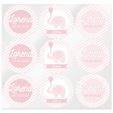 En Gran Velada puedes comprar pegatinas personalizadas para eventos, como estas rosas con elefantes para bautizo. Amplio catálog