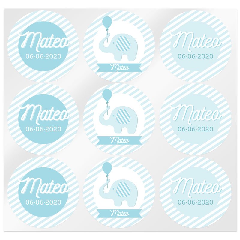 Consigue pegatinas personalizadas para eventos en Gran Velada. ¡Descubre estas adorables pegatinas azules con elefantes para bau