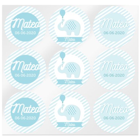 Consigue pegatinas personalizadas para eventos en Gran Velada. ¡Descubre estas adorables pegatinas azules con elefantes para bau