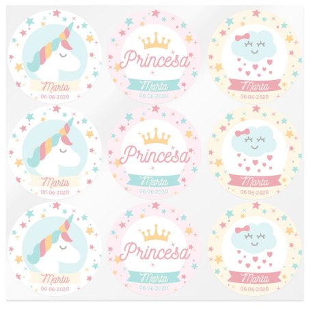 En Gran Velada puedes comprar pegatinas personalizadas para bautizos y comunion, como estas de unicornio y princesa. Amplio catá