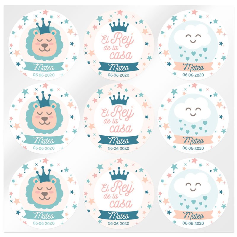 En Gran Velada puedes comprar pegatinas personalizadas para bautizos y comunion, como estas del rey de la casa. Amplio catálogo.