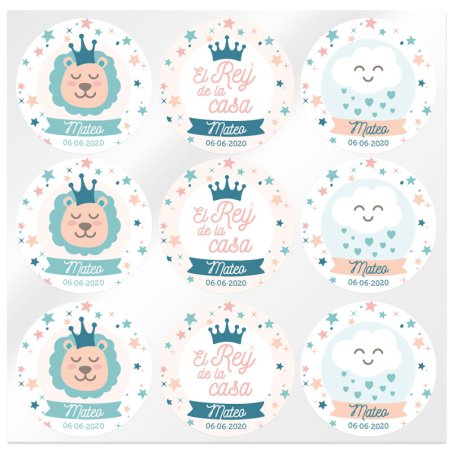 En Gran Velada puedes comprar pegatinas personalizadas para bautizos y comunion, como estas del rey de la casa. Amplio catálogo.