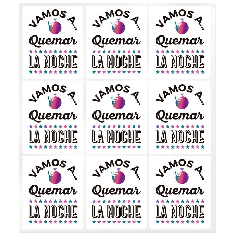 Pegatinas para velas con mensaje "Vamos a quemar la noche". Amplio catálogo y diseños exclusivos. ¡Haz tus velas únicas con enví