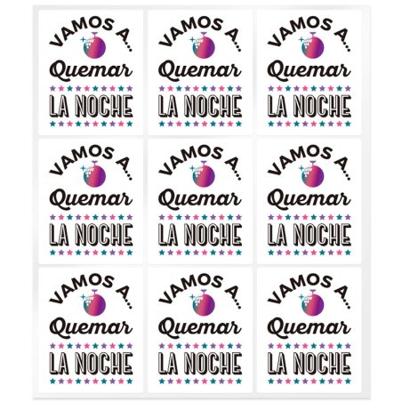 Pegatinas para velas con mensaje "Vamos a quemar la noche". Amplio catálogo y diseños exclusivos. ¡Haz tus velas únicas con enví