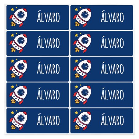 En Gran Velada puedes comprar pegatinas infantiles, como este modelo con un cohete para personalizar con nombre o una palabra. E