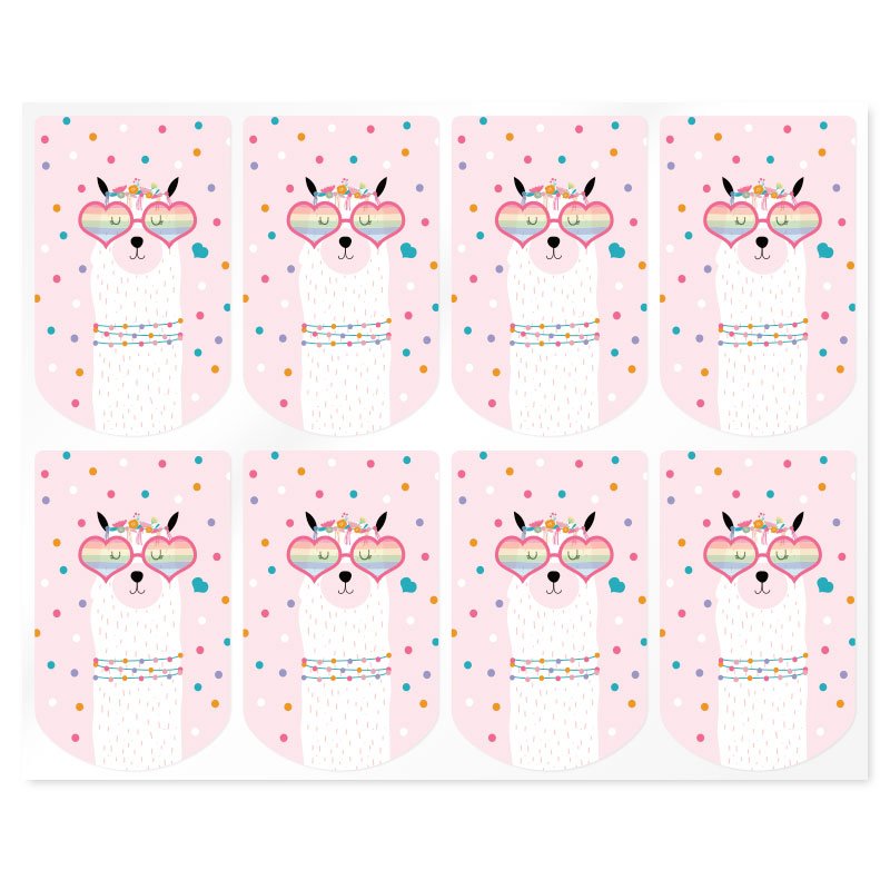 En Gran Velada puedes comprar pegatinas, como este modelo diseñado para envases para colgar. Decoradas con una llama. Amplio cat
