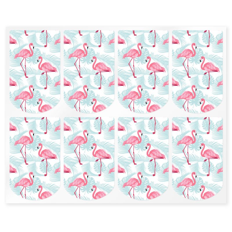 En Gran Velada puedes comprar pegatinas, como este modelo diseñado para envases para colgar. Decoradas con flamencos. Amplio cat