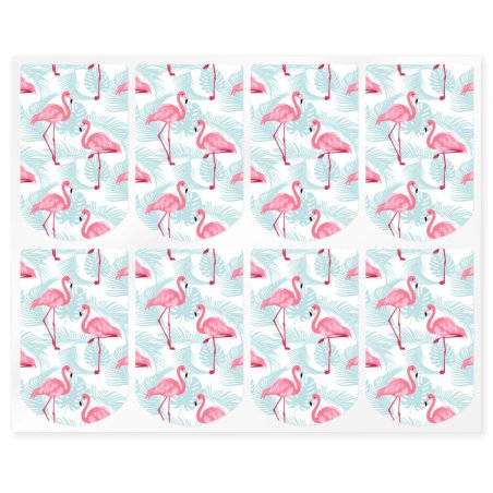 En Gran Velada puedes comprar pegatinas, como este modelo diseñado para envases para colgar. Decoradas con flamencos. Amplio cat