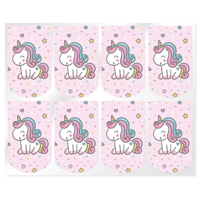 En Gran Velada puedes comprar pegatinas, como este modelo diseñado para los envases para colgar. Decoradas con un unicornio. Env