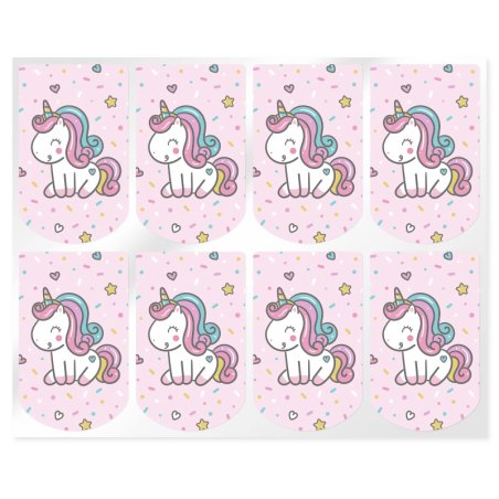 En Gran Velada puedes comprar pegatinas, como este modelo diseñado para los envases para colgar. Decoradas con un unicornio. Env