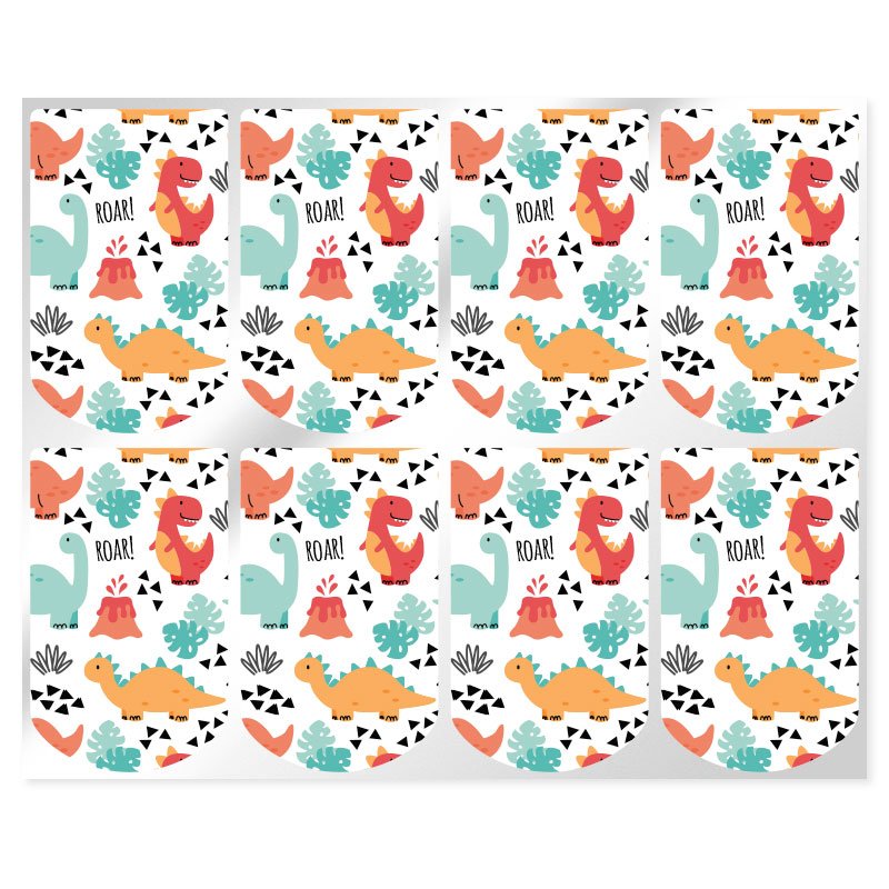 En Gran Velada puedes comprar pegatinas, como este modelo diseñado para los envases para colgar. Decoradas con dinosaurios. Enví