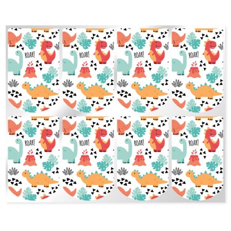 En Gran Velada puedes comprar pegatinas, como este modelo diseñado para los envases para colgar. Decoradas con dinosaurios. Enví