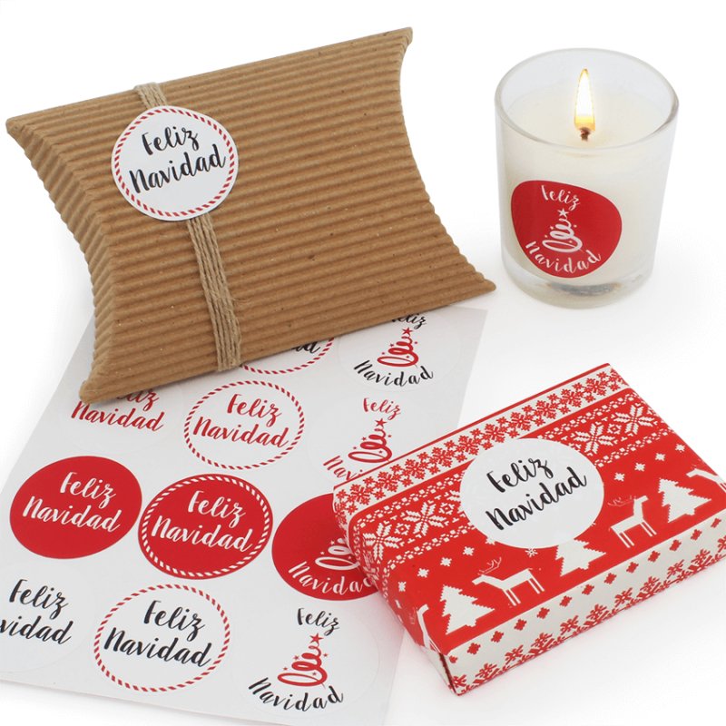 En Gran Velada puedes comprar pegatinas para packaging, como este modelo redondo de Feliz Navidad. Amplio catálogo de pegatinas.