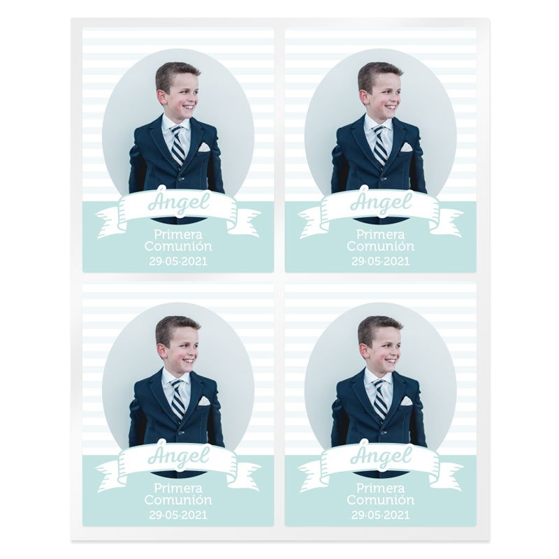 En Gran Velada puedes comprar pegatinas personalizadas para comunión, como estas a rayas. Se personalizan con nombre, fecha y fo