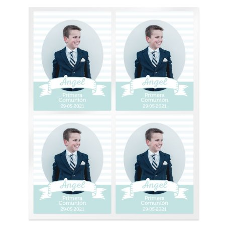 En Gran Velada puedes comprar pegatinas personalizadas para comunión, como estas a rayas. Se personalizan con nombre, fecha y fo