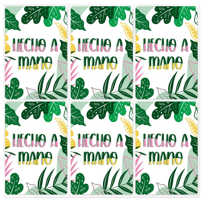 En Gran Velada puedes comprar pegatinas para packaging, como este modelo rectangular con estampado tropical. Amplio catálogo. En