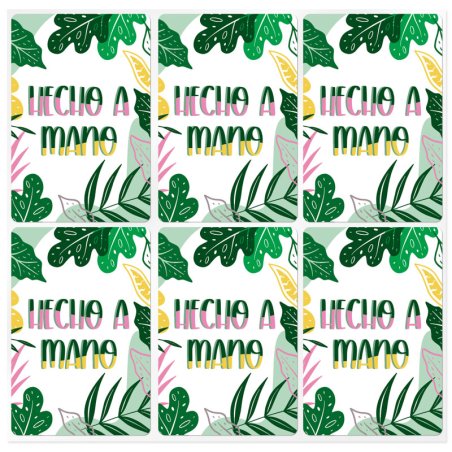 En Gran Velada puedes comprar pegatinas para packaging, como este modelo rectangular con estampado tropical. Amplio catálogo. En