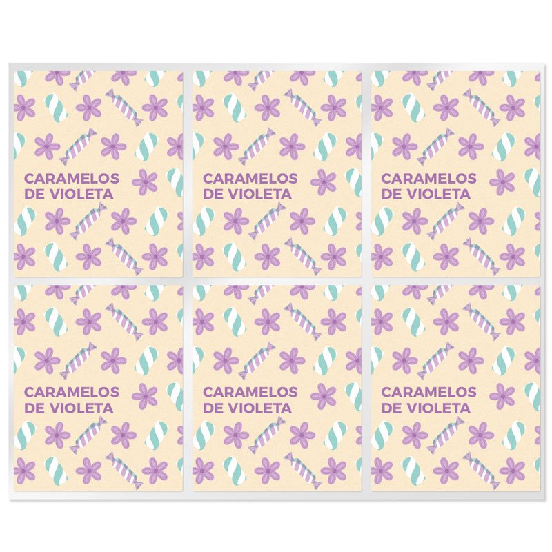 En Gran Velada puedes comprar pegatinas para el packaging de tus labiales, como estas de caramelos de violeta. Amplio catálogo. 