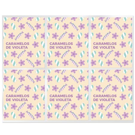En Gran Velada puedes comprar pegatinas para el packaging de tus labiales, como estas de caramelos de violeta. Amplio catálogo. 
