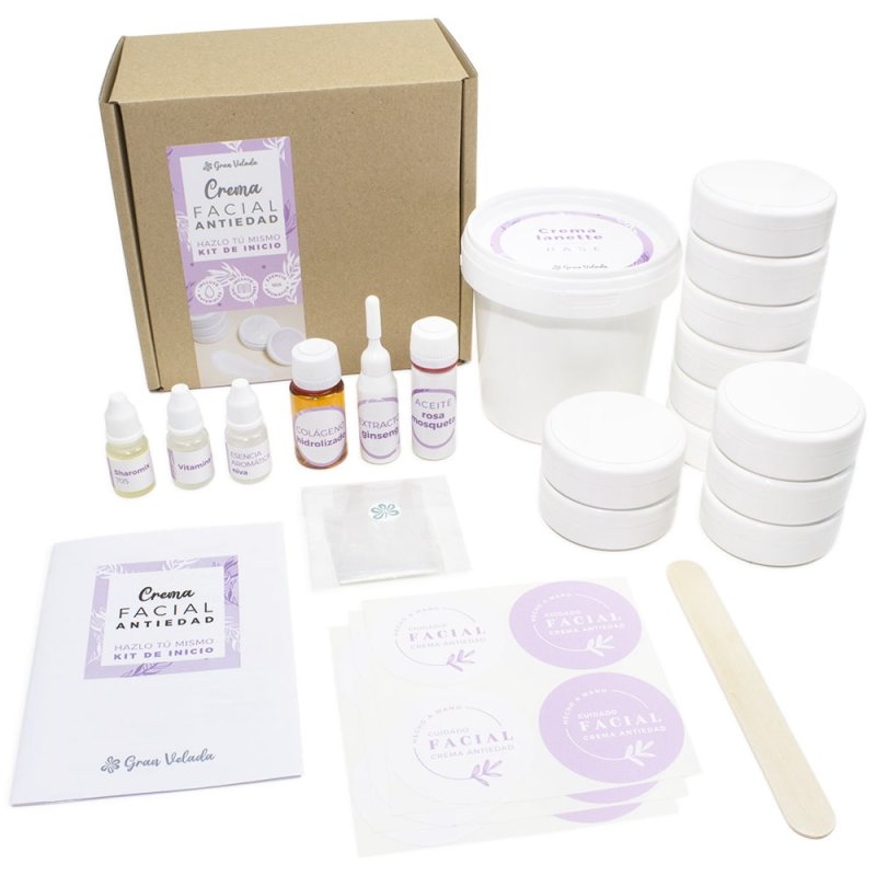 Hacer tu propia crema facial antiedad en casa te resultara muy sencillo con este kit de Gran Velada. Incluye los materiales y la