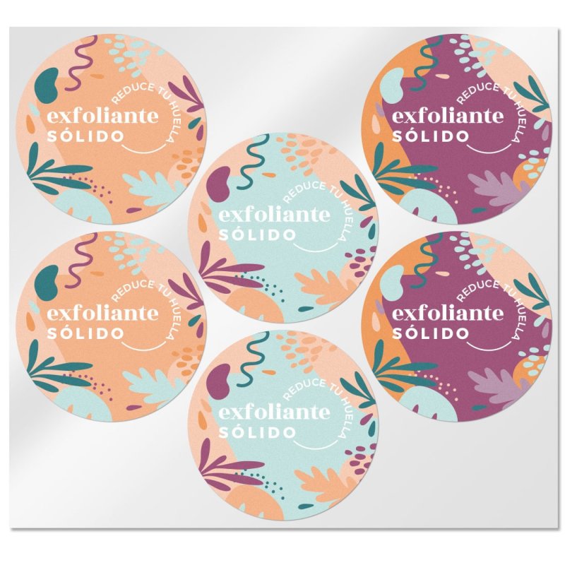 En Gran Velada puedes comprar pegatinas para packaging, como estas de exfoliante sólido. Amplio catálogo. Servicio de personaliz