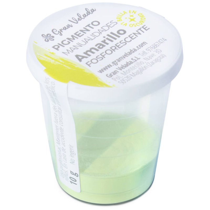 En Gran Velada puedes comprar pigmentos para manualidades y bellas artes, como este amarillo fosforescente que brilla en la oscu